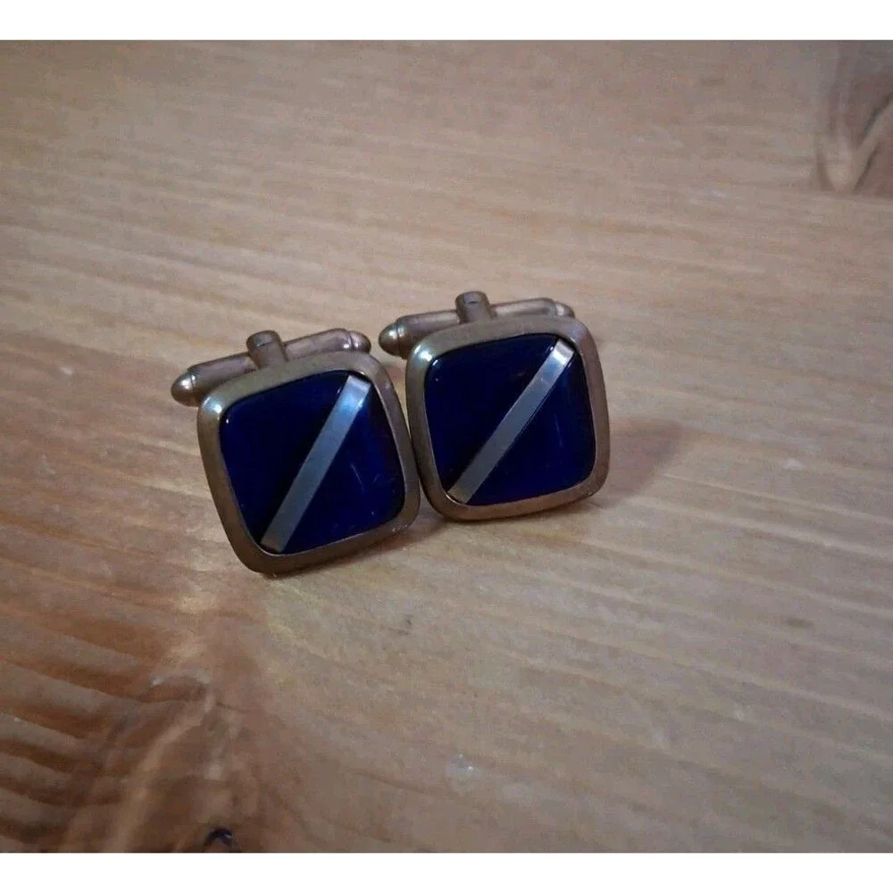 Vintage Blue Stone Inlay Cufflinks Square Gold Stripe 1
